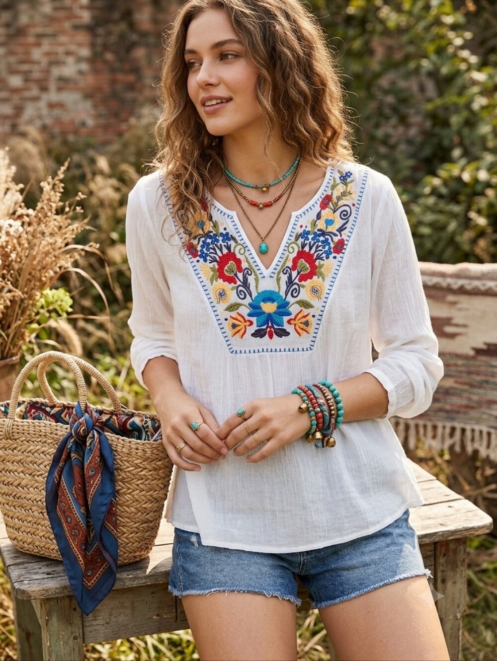 Merona White Peasant Blouse with Multicolor Embroidered V-Neck